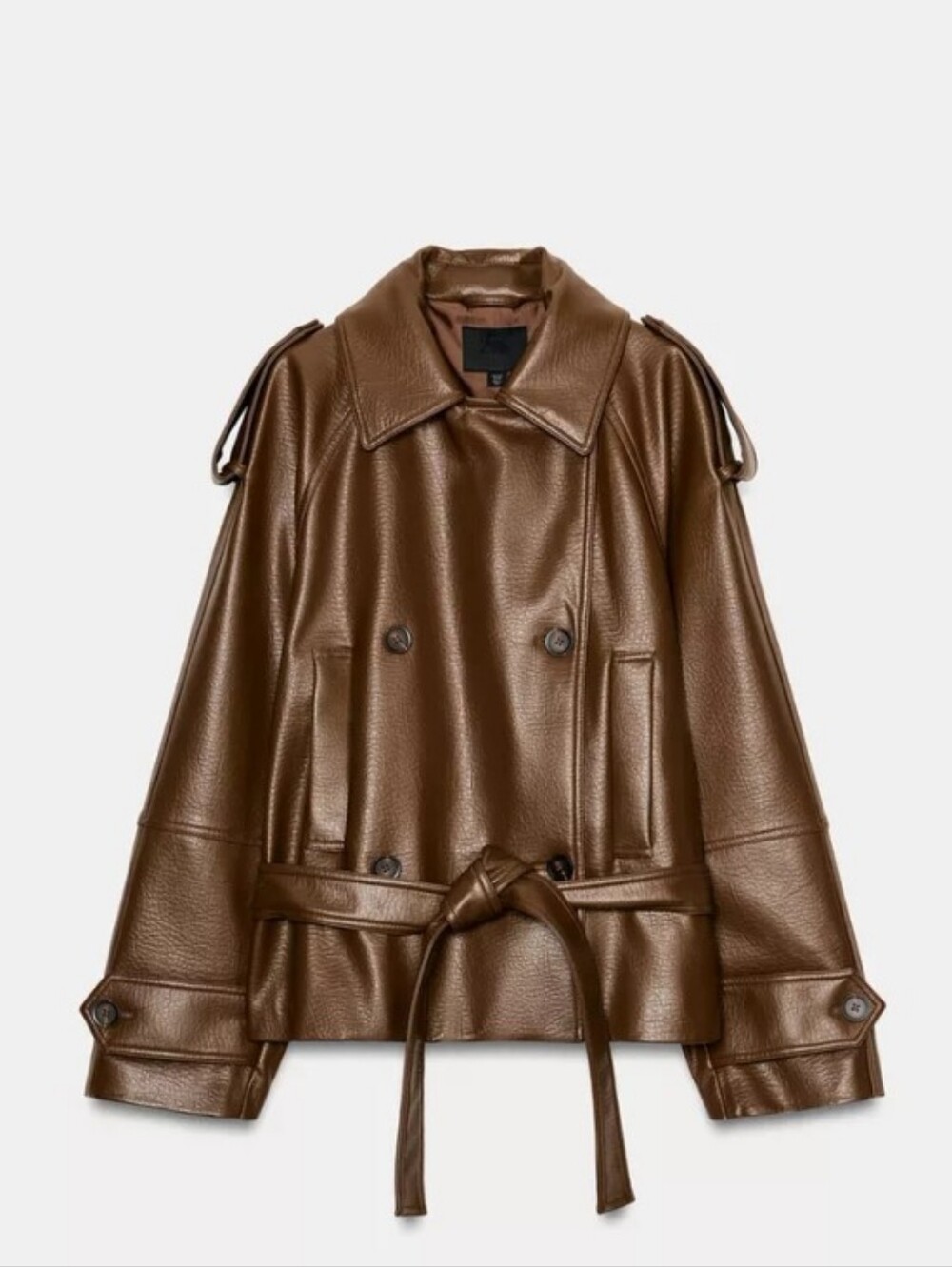 Zara Women’s Brown Faux Leather Double-Breasted Short Trench Coat